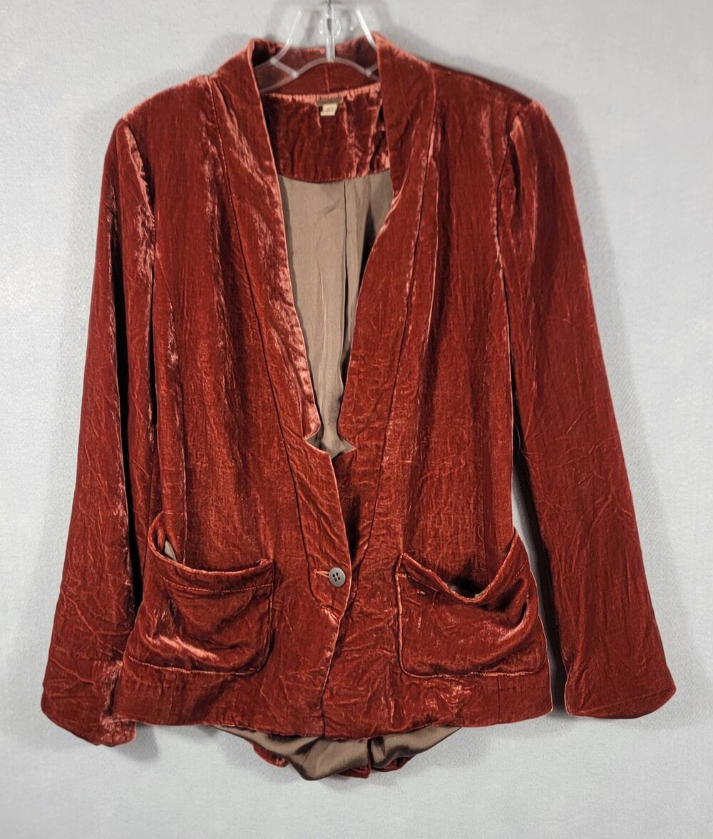 Free People Womens Crushed Velvet Silk Blend Blazer Jacket Rust Cinnamon Size XS